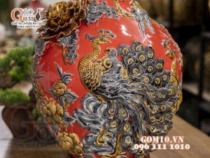 Bình tỏi cổ cao đắp nổi Chim hoa, nền đỏ, cao 56cm