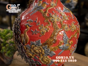 Bình tỏi cổ cao đắp nổi Chim hoa, nền đỏ, cao 56cm
