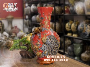 Bình tỏi cổ cao đắp nổi Chim hoa, nền đỏ, cao 56cm