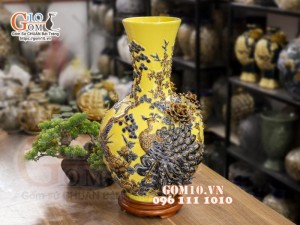 Bình tỏi cổ cao đắp nổi Chim hoa, nền vàng, cao 56cm