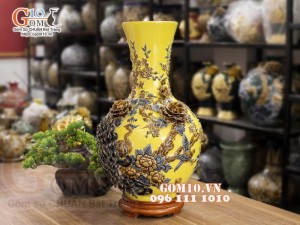Bình tỏi cổ cao đắp nổi Chim hoa, nền vàng, cao 56cm