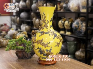 Bình tỏi cổ cao đắp nổi Chim hoa, nền vàng, cao 56cm