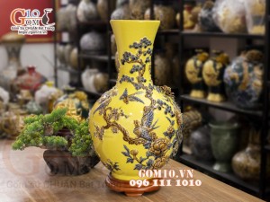 Bình tỏi cổ cao đắp nổi Chim hoa, nền vàng, cao 56cm