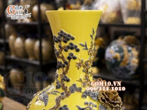 Bình tỏi cổ cao đắp nổi Chim hoa, nền vàng, cao 56cm
