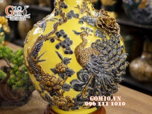 Bình tỏi cổ cao đắp nổi Chim hoa, nền vàng, cao 56cm