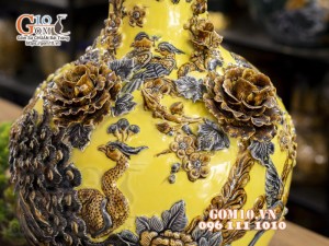 Bình tỏi cổ cao đắp nổi Chim hoa, nền vàng, cao 56cm