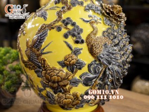 Bình tỏi cổ cao đắp nổi Chim hoa, nền vàng, cao 56cm