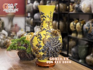 Bình tỏi cổ cao đắp nổi Chim hoa, nền vàng, cao 56cm