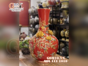 Bình tỏi cổ cao vẽ vàng, đắp nổi Chim hoa, nền đỏ, cao 75cm