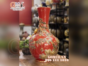 Bình tỏi cổ cao vẽ vàng, đắp nổi Chim hoa, nền đỏ, cao 75cm