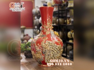 Bình tỏi cổ cao vẽ vàng, đắp nổi Chim hoa, nền đỏ, cao 75cm