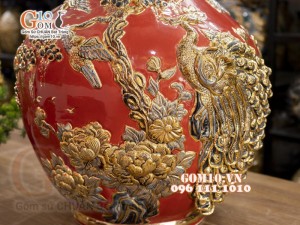 Bình tỏi cổ cao vẽ vàng, đắp nổi Chim hoa, nền đỏ, cao 75cm