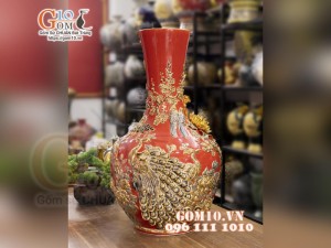 Bình tỏi cổ cao vẽ vàng, đắp nổi Chim hoa, nền đỏ, cao 75cm