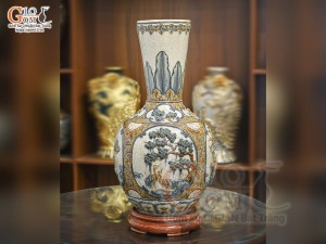 Bình tỏi cổ thẳng men rạn đắp nổi tứ cảnh Tùng Cúc Sen Mai, cao 70cm