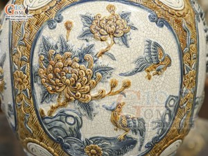 Bình tỏi cổ thẳng men rạn đắp nổi tứ cảnh Tùng Cúc Sen Mai, cao 70cm