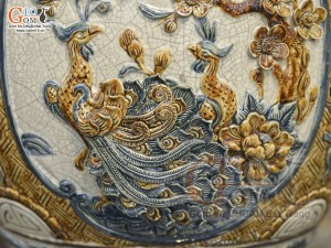 Bình tỏi cổ thẳng men rạn đắp nổi tứ cảnh Tùng Cúc Sen Mai, cao 70cm