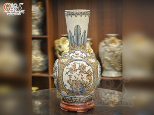 Bình tỏi cổ thẳng men rạn đắp nổi tứ cảnh Tùng Cúc Sen Mai, cao 70cm