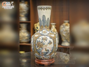 Bình tỏi cổ thẳng men rạn đắp nổi tứ cảnh Tùng Cúc Sen Mai, cao 70cm