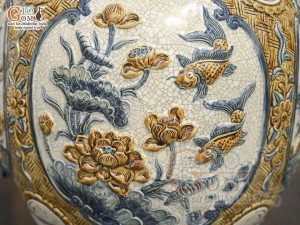 Bình tỏi cổ thẳng men rạn đắp nổi tứ cảnh Tùng Cúc Sen Mai, cao 70cm