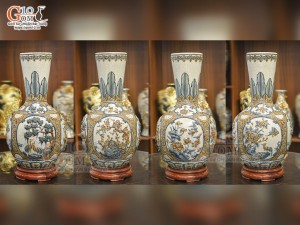 Bình tỏi cổ thẳng men rạn đắp nổi tứ cảnh Tùng Cúc Sen Mai, cao 70cm