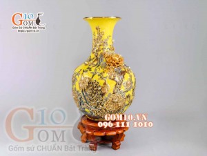 Bình tỏi Công Đào đắp nổi vẽ vàng 24k, nền vàng - cao 80cm