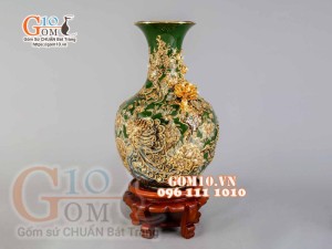 Bình tỏi Công Đào đắp nổi vẽ vàng 24k, nền xanh - cao 80cm