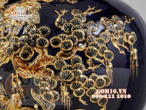 Bình tỏi Công Đào đắp nổi vẽ vàng 24k, nền xanh coban - cao 40cm