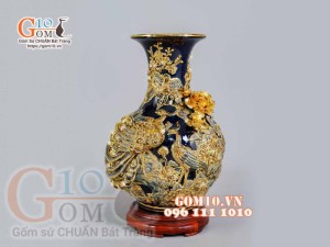 Bình tỏi Công Đào đắp nổi vẽ vàng 24k, nền xanh coban - cao 40cm