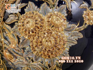 Bình tỏi Công Đào đắp nổi vẽ vàng 24k, nền xanh coban - cao 80cm