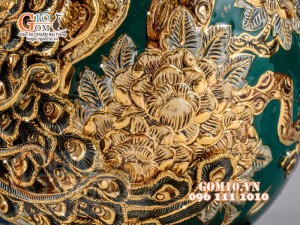 Bình tỏi Công Đào đắp nổi vẽ vàng 24k, nền xanh lục bảo - cao 80cm