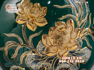 Bình tỏi Công Đào đắp nổi vẽ vàng 24k, nền xanh lục bảo - cao 80cm