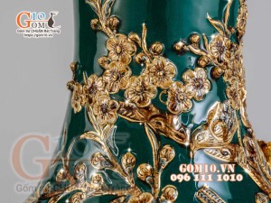 Bình tỏi Công Đào đắp nổi vẽ vàng 24k, nền xanh lục bảo - cao 80cm