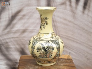Bình tỏi dáng mới men cổ hoạ tiết tứ cảnh vẽ vàng 24k, cao 30cm