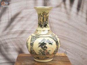 Bình tỏi dáng mới men cổ hoạ tiết tứ cảnh vẽ vàng 24k, cao 30cm