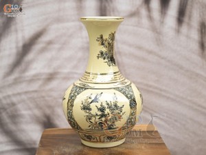 Bình tỏi dáng mới men cổ hoạ tiết tứ cảnh vẽ vàng 24k, cao 30cm