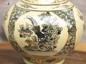 Bình tỏi dáng mới men cổ hoạ tiết tứ cảnh vẽ vàng 24k, cao 30cm