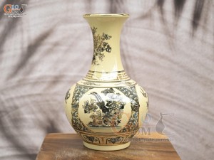 Bình tỏi dáng mới men cổ hoạ tiết tứ cảnh vẽ vàng 24k, cao 30cm