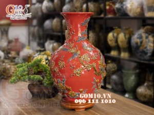 Bình tỏi đắp nổi Chim hoa, nền đỏ, cao 50cm