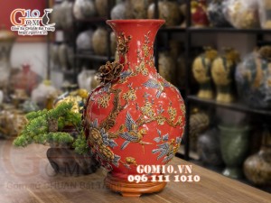 Bình tỏi đắp nổi Chim hoa, nền đỏ, cao 50cm