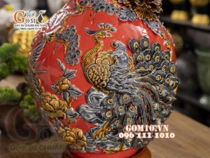 Bình tỏi đắp nổi Chim hoa, nền đỏ, cao 50cm