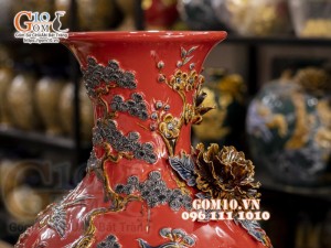 Bình tỏi đắp nổi Chim hoa, nền đỏ, cao 50cm