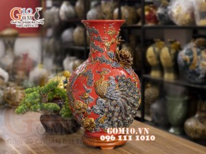 Bình tỏi đắp nổi Chim hoa, nền đỏ, cao 50cm