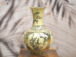 Bình tỏi men cổ họa tiết tứ cảnh chữ Phúc vẽ vàng 24k, cao 36cm