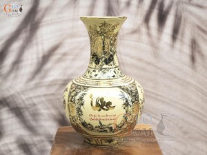 Bình tỏi men cổ họa tiết tứ cảnh chữ Phúc vẽ vàng 24k, cao 36cm