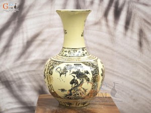 Bình tỏi men cổ họa tiết tứ cảnh chữ Phúc vẽ vàng 24k, cao 36cm