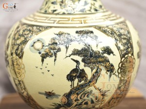 Bình tỏi men cổ họa tiết tứ cảnh chữ Phúc vẽ vàng 24k, cao 36cm