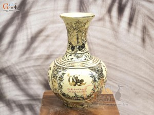 Bình tỏi men cổ họa tiết tứ cảnh chữ Phúc vẽ vàng 24k, cao 30cm