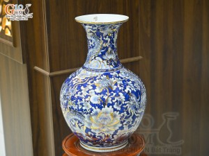 Bình tỏi men lam cảnh Rồng Phượng vẽ vàng 24k, cao 42cm