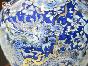 Bình tỏi men lam cảnh Rồng Phượng vẽ vàng 24k, cao 42cm