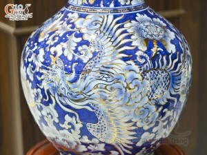 Bình tỏi men lam cảnh Rồng Phượng vẽ vàng 24k, cao 42cm